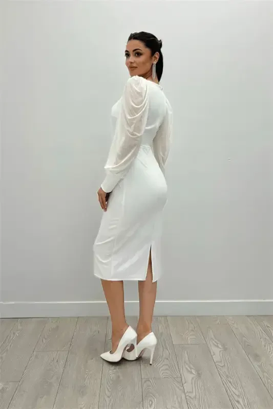 Креп-ткань квадратный вырез карандаш платье - БЕЛЫЙ - 5