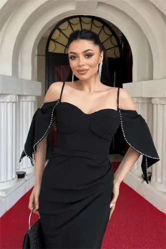 Креп Ткань Платье-рыбка с Деталью на Плече - ЧЕРНЫЙ - 4