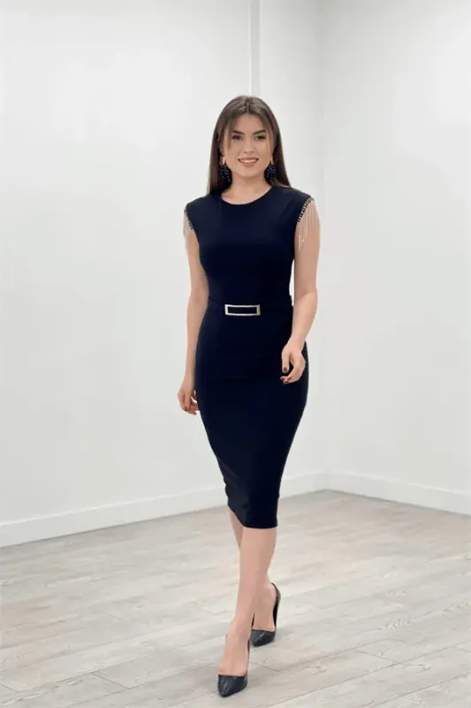 Креп Ткань Плечо Кисточкой Карандаш Вечернее Платье - ЧЕРНЫЙ - 2