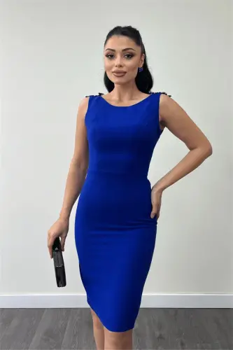 Креп Ткань Спина Бусины Деталь Карандаш Платье - SAKS СИНИЙ - 3