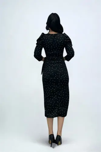 Креп Ткань В Горошек Деталь Карандаш Платье - ЧЕРНЫЙ - 7