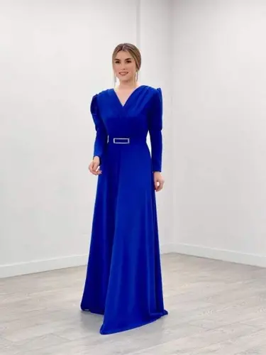 Креп Ткань Запах Юбка-Клеш Платье - ВАСИЛЬКОВЫЙ - 1