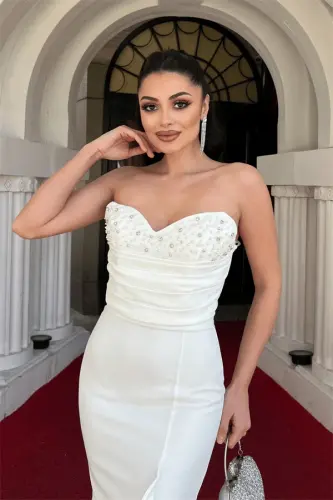 Креп Ткань Жемчуг Волан Деталь Стреплес Рыбка Платье - БЕЛЫЙ - 3