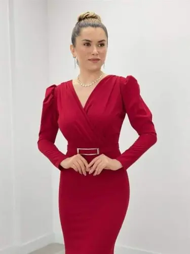 Krepov Matodan Tayyorlangan Yاقةси Очилган Baliq Uyali Ko'ylak - QIZIL - 3