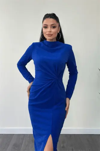 Kreps jilosi burama detalli qalam ko'ylak - SAKS KO'K - 3