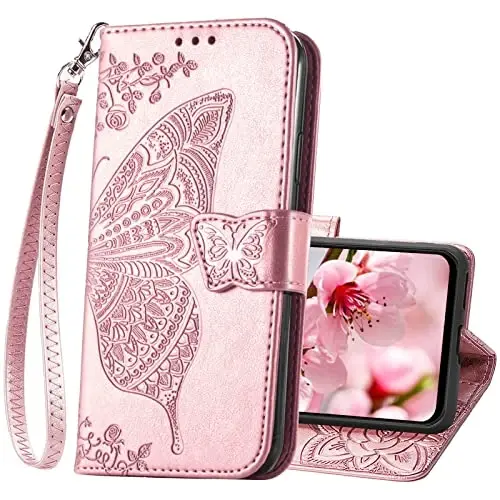 KRHGEIK Galaxy A14 5G uchun telefon hamyoni, ayollar uchun flip folio kapalak naqshli PU teri, kredit karta ushlagichlari, tayanch, bilak tasmasi, Samsung A14 5G 6.6 dyuymli hamyon qopqog'i (atirgul oltin) - 1