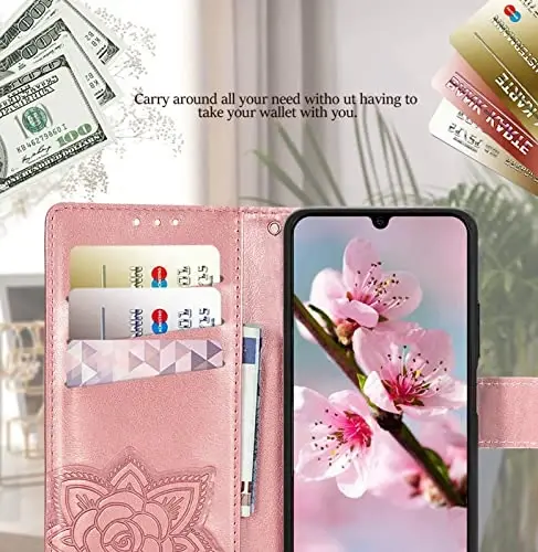 KRHGEIK Galaxy A14 5G uchun telefon hamyoni, ayollar uchun flip folio kapalak naqshli PU teri, kredit karta ushlagichlari, tayanch, bilak tasmasi, Samsung A14 5G 6.6 dyuymli hamyon qopqog'i (atirgul oltin) - 2