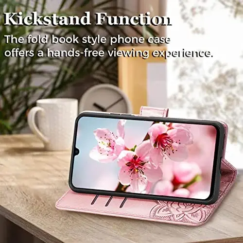 KRHGEIK Galaxy A14 5G uchun telefon hamyoni, ayollar uchun flip folio kapalak naqshli PU teri, kredit karta ushlagichlari, tayanch, bilak tasmasi, Samsung A14 5G 6.6 dyuymli hamyon qopqog'i (atirgul oltin) - 3