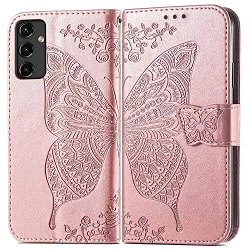 KRHGEIK Galaxy A14 5G uchun telefon hamyoni, ayollar uchun flip folio kapalak naqshli PU teri, kredit karta ushlagichlari, tayanch, bilak tasmasi, Samsung A14 5G 6.6 dyuymli hamyon qopqog'i (atirgul oltin) - 4