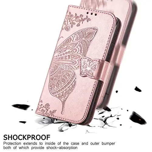 KRHGEIK Galaxy A14 5G uchun telefon hamyoni, ayollar uchun flip folio kapalak naqshli PU teri, kredit karta ushlagichlari, tayanch, bilak tasmasi, Samsung A14 5G 6.6 dyuymli hamyon qopqog'i (atirgul oltin) - 5