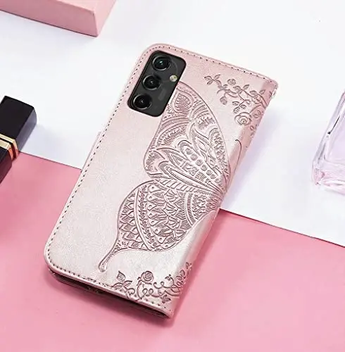 KRHGEIK Galaxy A14 5G uchun telefon hamyoni, ayollar uchun flip folio kapalak naqshli PU teri, kredit karta ushlagichlari, tayanch, bilak tasmasi, Samsung A14 5G 6.6 dyuymli hamyon qopqog'i (atirgul oltin) - 6