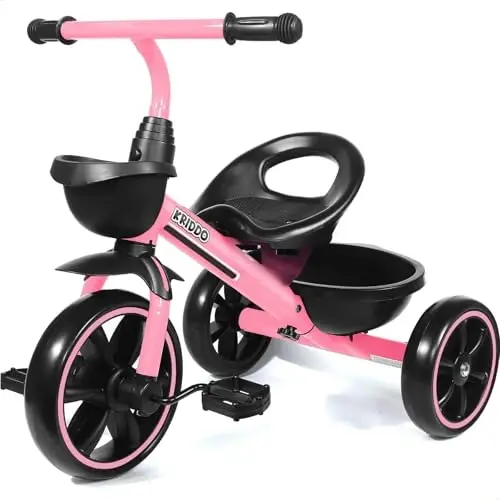 KRIDDO Tricycle for 2-5 Year Olds - Pink Toddler Trike With Gift for 24 Month to 4 Year Old Girls - KRIDDO