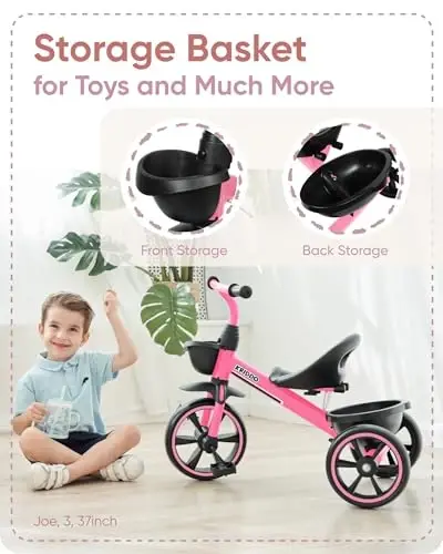 KRIDDO Tricycle for 2-5 Year Olds - Pink Toddler Trike With Gift for 24 Month to 4 Year Old Girls - 4