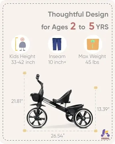 KRIDDO Kids Tricycle for 2-5 Year Olds - Gift for Toddlers - Black - 3