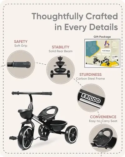 KRIDDO Kids Tricycle for 2-5 Year Olds - Gift for Toddlers - Black - 5