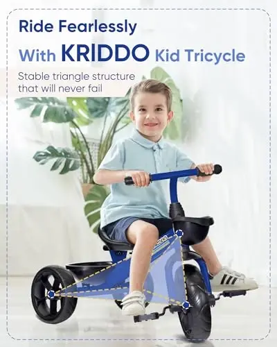 KRIDDO Kids Tricycles Age 24 Month to 4 Years, Toddler Kids Trike for 2.5 to 5 Year Old, Gift Toddler Tricycles for 2-4 Year Olds, Trikes for Toddlers, Sporty Styling, Blue - 3