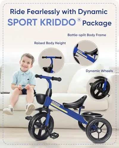 KRIDDO Kids Tricycles Age 24 Month to 4 Years, Toddler Kids Trike for 2.5 to 5 Year Old, Gift Toddler Tricycles for 2-4 Year Olds, Trikes for Toddlers, Sporty Styling, Blue - 2