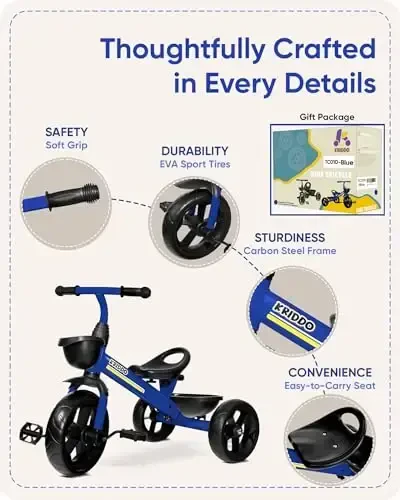 KRIDDO Kids Tricycles Age 24 Month to 4 Years, Toddler Kids Trike for 2.5 to 5 Year Old, Gift Toddler Tricycles for 2-4 Year Olds, Trikes for Toddlers, Sporty Styling, Blue - 6
