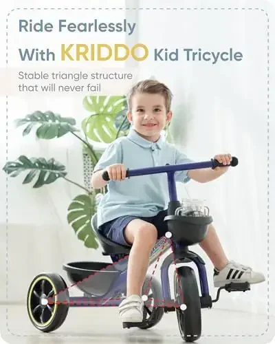 KRIDDO Kids Tricycles Age 24 Month to 4 Years, Toddler Kids Trike for 2.5 to 5 Year Old, Gift Toddler Tricycles for 2-4 Year Olds, Trikes for Toddlers, Blue - 2