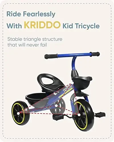 KRIDDO Kids Tricycles Age 24 Month to 4 Years, Toddler Kids Trike for 2.5 to 5 Year Old, Gift Toddler Tricycles for 2-4 Year Olds, Trikes for Toddlers, Blue - 6