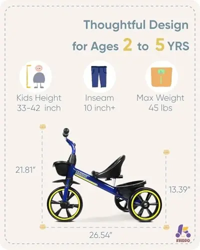 KRIDDO Kids Tricycles Age 24 Month to 4 Years, Toddler Kids Trike for 2.5 to 5 Year Old, Gift Toddler Tricycles for 2-4 Year Olds, Trikes for Toddlers, Blue - 3