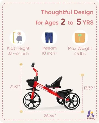 KRIDDO Kids Tricycles Age 24 Month to 4 Years, Trike for 2.5 to 5 Year Old, Gift Tricycles for 2-4 Year Olds, Trikes for Toddlers, Red - 3