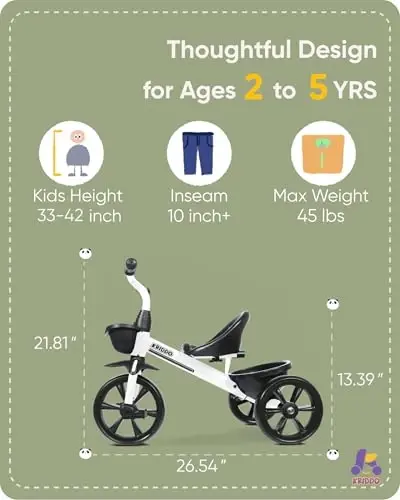 KRIDDO Kids Tricycles for 2-4 Year Olds, Toddler Trike Gift for 24 Months to 4 Years, White - 4