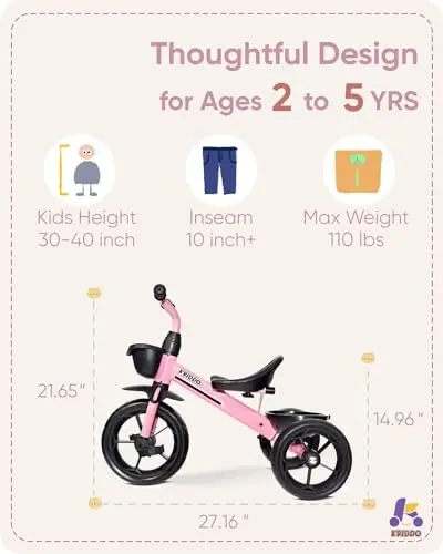 KRIDDO Kids Tricycles Age 24 Month to 4 Years, Toddler Kids Trike for 2.5 to 5 Year Old, Gift Toddler Tricycles for 2-4 Year Olds, Trikes for Toddlers, Sporty Styling, Pink - 5