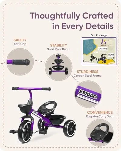 KRIDDO Kids Tricycles 24 Oydan 4 Yoshgacha, 2,5 dan 5 Yoshgacha Bo'lgan Bolalar Uch R velosipedi, 2-4 Yoshdagi Bolalar Uch R velosipedlari Sovg'asi, Bolalar uchun Uch R velosipedlari, Binafsha - 5
