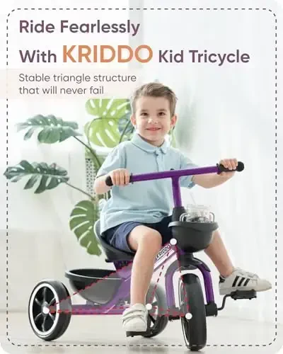 KRIDDO Kids Tricycles 24 Oydan 4 Yoshgacha, 2,5 dan 5 Yoshgacha Bo'lgan Bolalar Uch R velosipedi, 2-4 Yoshdagi Bolalar Uch R velosipedlari Sovg'asi, Bolalar uchun Uch R velosipedlari, Binafsha - 2