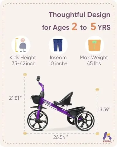 KRIDDO Kids Tricycles 24 Oydan 4 Yoshgacha, 2,5 dan 5 Yoshgacha Bo'lgan Bolalar Uch R velosipedi, 2-4 Yoshdagi Bolalar Uch R velosipedlari Sovg'asi, Bolalar uchun Uch R velosipedlari, Binafsha - 3