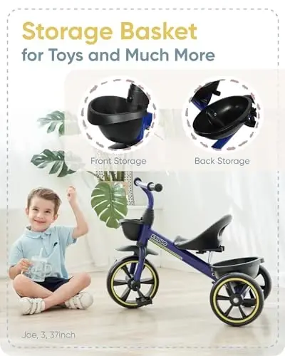 KRIDDO Kids Tricycles 24 Oydan 4 Yoshgacha, 2,5 dan 5 Yoshgacha bo'lgan Bolalar uchun Uchtalik, 2-4 Yoshdagi Bolalar uchun Sovg'a Uchtaliklari, Bolalar uchun Uchtaliklar, Moviy - 4