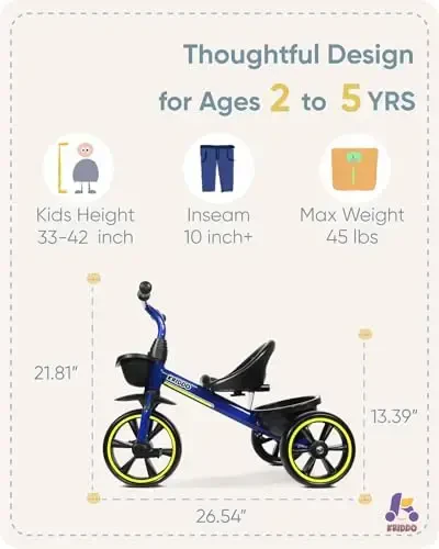 KRIDDO Kids Tricycles Age 24 Month to 4 Years, Toddler Kids Trike for 2.5 to 5 Year Old, Gift Toddler Tricycles for 2-4 Year Olds, Trikes for Toddlers, Blue - 3
