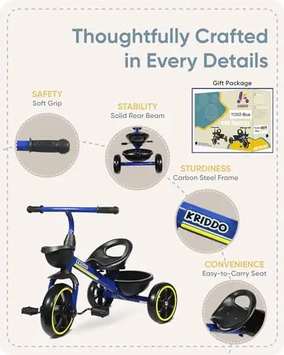 KRIDDO Kids Tricycles Age 24 Month to 4 Years, Toddler Kids Trike for 2.5 to 5 Year Old, Gift Toddler Tricycles for 2-4 Year Olds, Trikes for Toddlers, Blue - 5