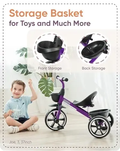 KRIDDO Kids Tricycles Age 24 Month to 4 Years, Toddler Kids Trike for 2.5 to 5 Year Old, Gift Toddler Tricycles for 2-4 Year Olds, Trikes for Toddlers, Purple - 4