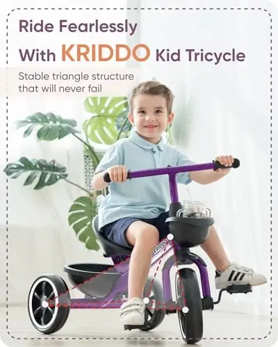 KRIDDO Kids Tricycles Age 24 Month to 4 Years, Toddler Kids Trike for 2.5 to 5 Year Old, Gift Toddler Tricycles for 2-4 Year Olds, Trikes for Toddlers, Purple - 2