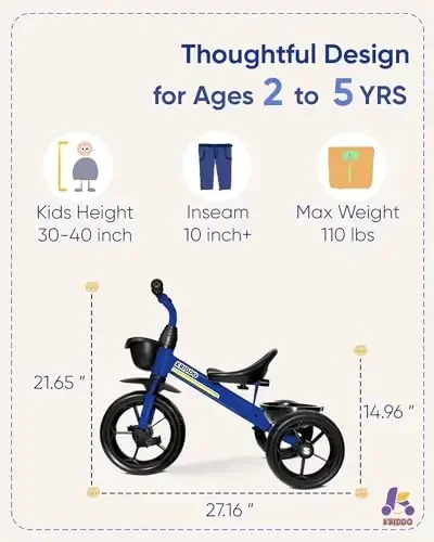 KRIDDO Kids Tricycles Age 24 Month to 4 Years, Toddler Kids Trike for 2.5 to 5 Year Old, Gift Toddler Tricycles for 2-4 Year Olds, Trikes for Toddlers, Sporty Styling, Blue - 5