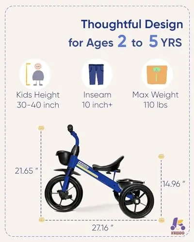 KRIDDO Kids Tricycles Age 24 Month to 4 Years, Toddler Kids Trike for 2.5 to 5 Year Old, Gift Toddler Tricycles for 2-4 Year Olds, Trikes for Toddlers, Sporty Styling, Blue - 5