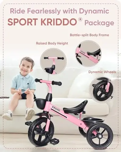 KRIDDO Kids Tricycles Age 24 Month to 4 Years, Toddler Kids Trike for 2.5 to 5 Year Old, Gift Toddler Tricycles for 2-4 Year Olds, Trikes for Toddlers, Sporty Styling, Pink - 2