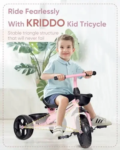 KRIDDO Kids Tricycles Age 24 Month to 4 Years, Toddler Kids Trike for 2.5 to 5 Year Old, Gift Toddler Tricycles for 2-4 Year Olds, Trikes for Toddlers, Sporty Styling, Pink - 3