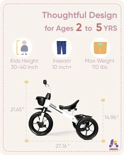KRIDDO Kids Tricycles Age 24 Month to 4 Years, Toddler Kids Trike for 2.5 to 5 Year Old, Gift Toddler Tricycles for 2-4 Year Olds, Trikes for Toddlers, Sporty Styling, White - 5