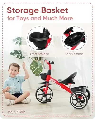 KRIDDO Kids Tricycles Age 24 Month to 4 Years, Trike for 2.5 to 5 Year Old, Gift Tricycles for 2-4 Year Olds, Trikes for Toddlers, Red - 4
