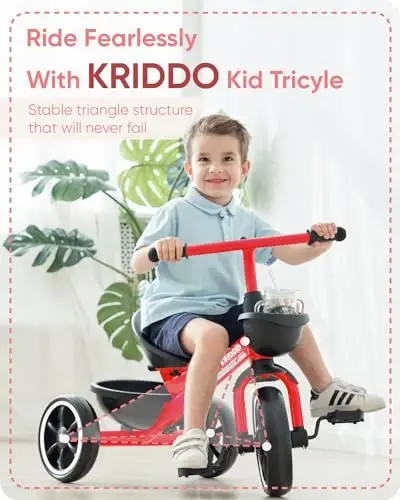 KRIDDO Kids Tricycles Age 24 Month to 4 Years, Trike for 2.5 to 5 Year Old, Gift Tricycles for 2-4 Year Olds, Trikes for Toddlers, Red - 2