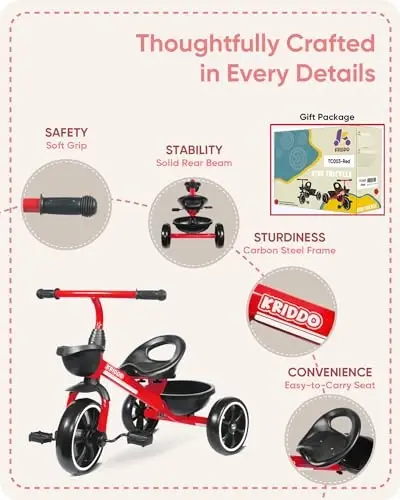 KRIDDO Kids Tricycles Age 24 Month to 4 Years, Trike for 2.5 to 5 Year Old, Gift Tricycles for 2-4 Year Olds, Trikes for Toddlers, Red - 5