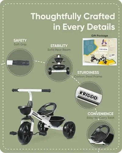 KRIDDO Kids Tricycles for 2-4 Year Olds, Toddler Trike Gift for 24 Months to 4 Years, White - 5