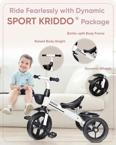 KRIDDO Kids Uch g'ildirakli velosipedlar 24 oydan 4 yoshgacha, 2,5 yoshdan 5 yoshgacha bo'lgan bolalar uchun uch g'ildirakli velosiped, 2-4 yoshli bolalar uchun sovg'a uch g'ildirakli velosipedlar, bolalar uchun uch g'ildirakli velosipedlar, Sport uslubi, Oq - KRIDDO (1)
