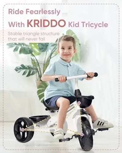 KRIDDO Kids Uch g'ildirakli velosipedlar 24 oydan 4 yoshgacha, 2,5 yoshdan 5 yoshgacha bo'lgan bolalar uchun uch g'ildirakli velosiped, 2-4 yoshli bolalar uchun sovg'a uch g'ildirakli velosipedlar, bolalar uchun uch g'ildirakli velosipedlar, Sport uslubi, Oq - 3