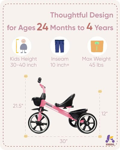 KRIDDO Tricycle for 2-5 Year Olds - Pink Toddler Trike With Gift for 24 Month to 4 Year Old Girls - 22