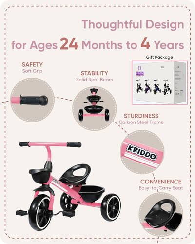 KRIDDO Tricycle for 2-5 Year Olds - Pink Toddler Trike With Gift for 24 Month to 4 Year Old Girls - 24