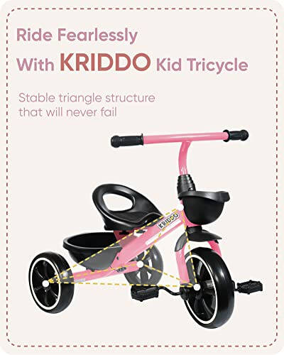 KRIDDO Tricycle for 2-5 Year Olds - Pink Toddler Trike With Gift for 24 Month to 4 Year Old Girls - 25